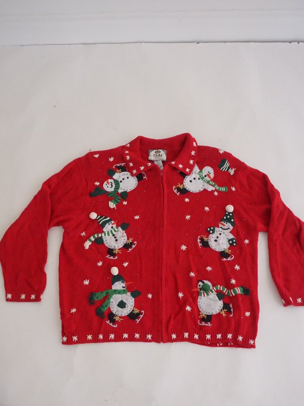 Vintage Tiara Red Snowman Ice Skating Snowflake Holiday Christmas Cardigan 2X
